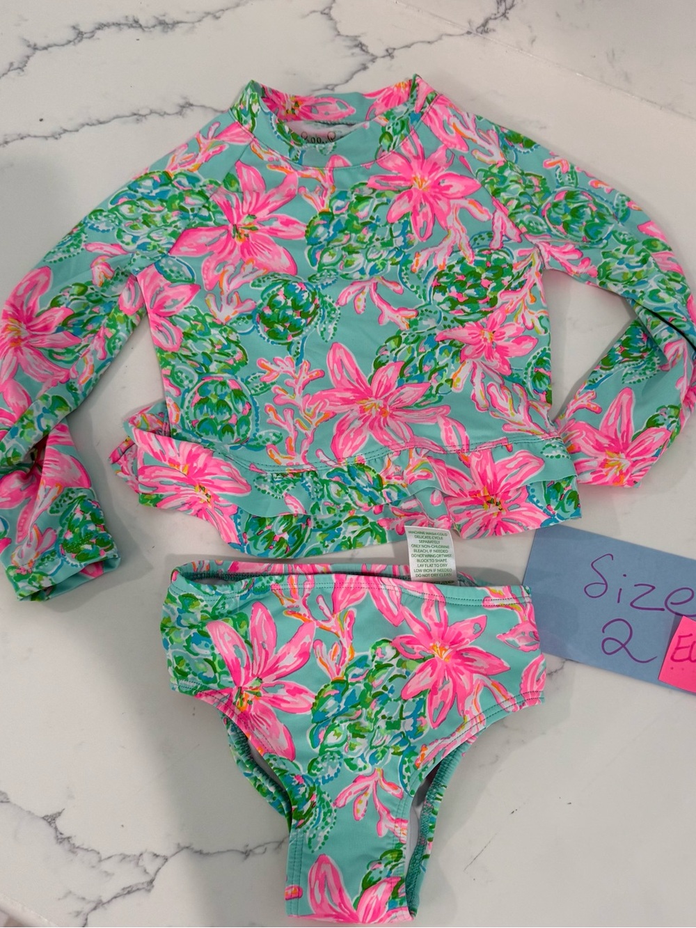 Lilly Pulitzer Kids Long-Sleeve Rash Guard Swim Set in Aqua and Pink Size 2